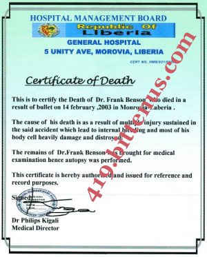 Death Sertificate of the young girl late father,Dr frank Benson